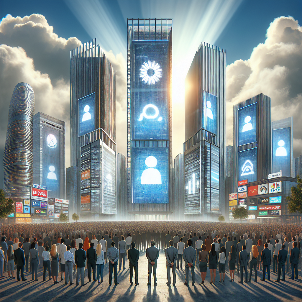 Visualize a cityscape theme where large futuristic buildings, representing tech companies, stand tall. They're made of glass and steel, showcasing high-tech environments with digital billboards displaying the logos of four anonymous tech corporations. In contrast, a crowd of diverse men and women from various descents such as Caucasian, Hispanic, South Asian, and African, dressed in business casual attire, stand at the base of the buildings illustrating a scene of mass layoffs. The sky overhead is a bit cloudy, signifying uncertainty, but rays of sunlight peeking through indicate hope and resilience.