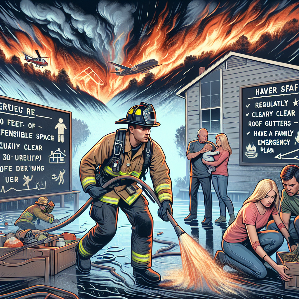 A dynamic scene of firefighters, including a Caucasian male and a Black female in their protective gear, diligently working to extinguish a raging wildfire, thick smoke clouding the fiery landscape. Insert detailed informative chalkboard illustrations in the sky: text highlighting key points on wildfire safety tips, such as 'Create 30 feet of defensible space', 'Regularly clear roof gutters', and 'Have a family emergency plan'. Add a family of mixed-race individuals preparing an emergency kit in their home, clear distress in their faces, but also a sense of determination to stay safe.