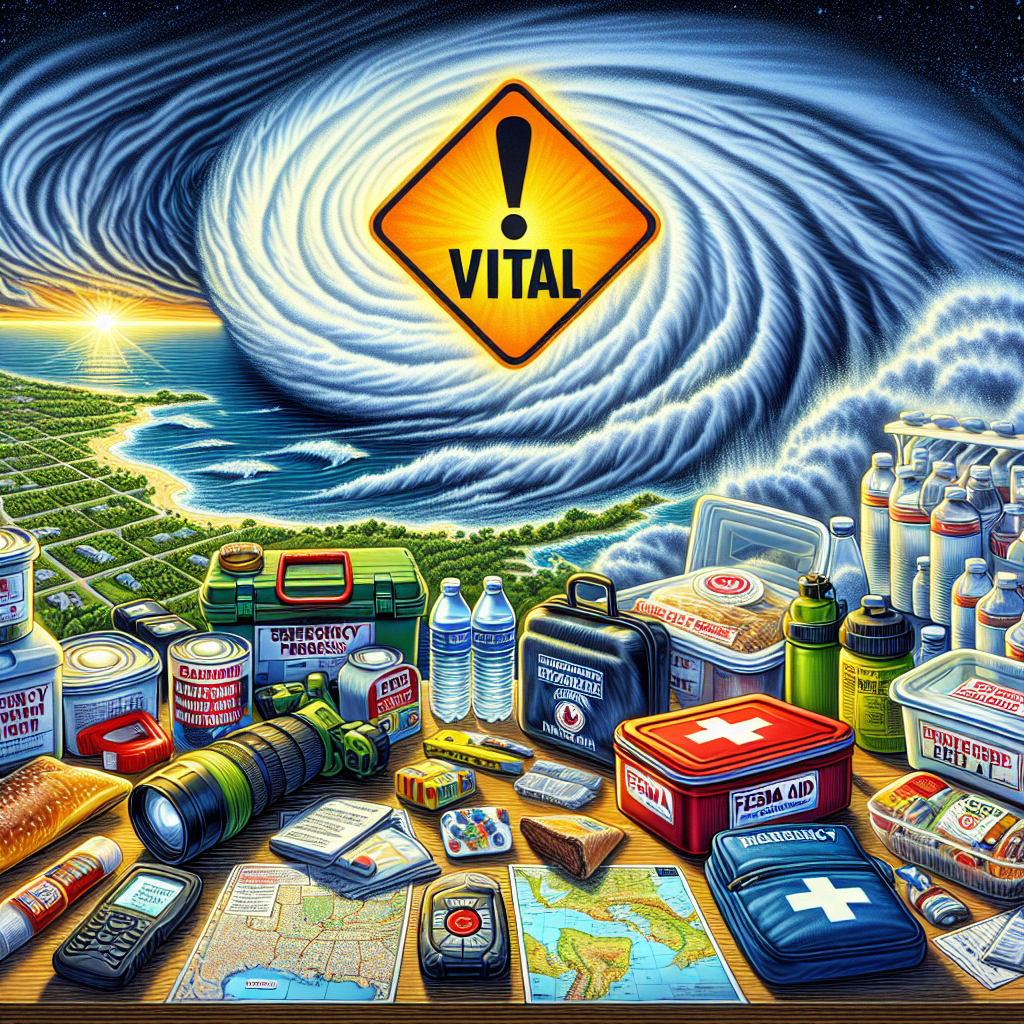A detailed and informative illustration depicting the essential FEMA Emergency Preparedness Updates for the Hurricane Season. Show an array of emergency items like flashlights, first aid kits, non-perishable food, water bottles, and maps along with other necessary supplies spread out over a table. In the background, portray a massive hurricane brewing over the ocean with a clear path towards the coast. An alert symbol that flashes boldly with the word 'VITAL' overlays this scene. The entire illustration should embody an atmosphere of urgency and readiness.