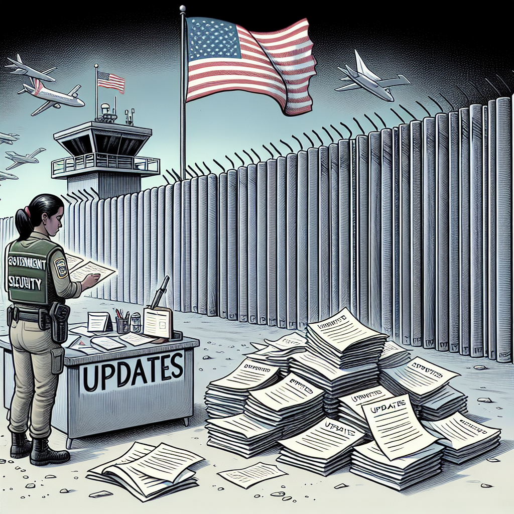 Visualize a scene demonstrating changes in US immigration policies. The scene comprises of a symbolic wall indicating tightened security, with a gatekeeper. Nearby lies a pile of policy documents intricately marked with 'updates'. The gatekeeper, a determined Hispanic woman in a government security uniform, is inspecting these documents. She stands under an American flag that flutters in the wind, symbolizing the country's authority. Incorporate elements of reformation and enhanced security measures in the scene. The prompt emphasizes the importance of updates for optimizing security efforts.