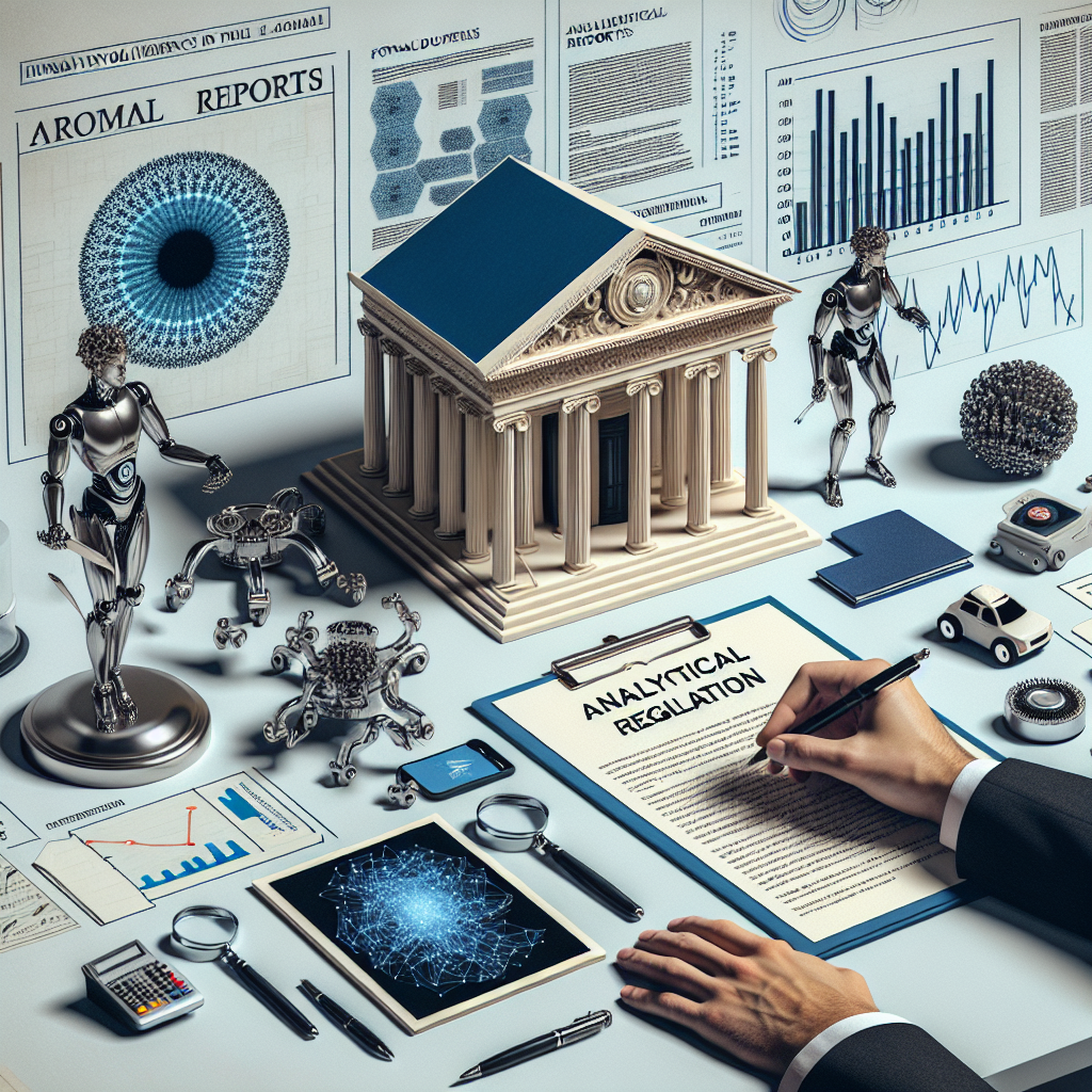 An array of formal documents and analytical reports spread out, emphasizing AI and regulation. A symbolic structure representative of authority, like a neoclassical building, looms in the background. Tokens of artificial intelligence such as robotic hands penning down policies, neural net visuals, and miniature autonomous vehicles are scattered across the table. Finally, a person of Hispanic descent, in professional attire, intently examines these documents and objects, underlining the human involvement and scrutiny in AI regulation.