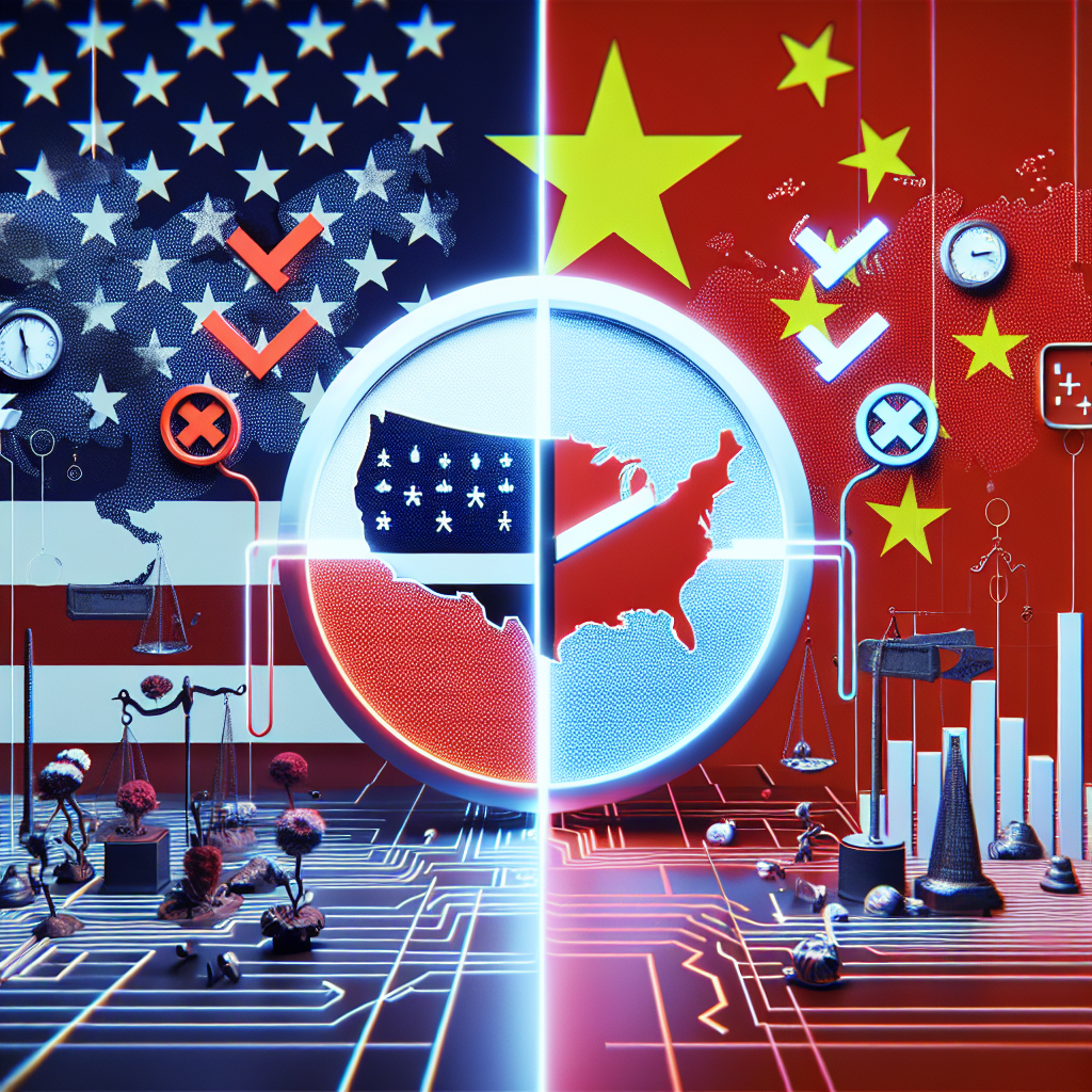 A large scale of an abstracted map highlighting the United States and China with their respective flags in the background. Between these countries, symbols like tick marks and crosses indicative of approval and disapproval, respectively, hover in the air, demonstrating the division of opinion. A visual representation of tension waves stemming from a divided digital icon that symbolizes both a clock and a tech symbol, representing TikTok, is in the middle. On the side, a scale is tipping, signifying balance, implying the ban debate. The overall mood should suggest a serious and pressing technological conflict situation.
