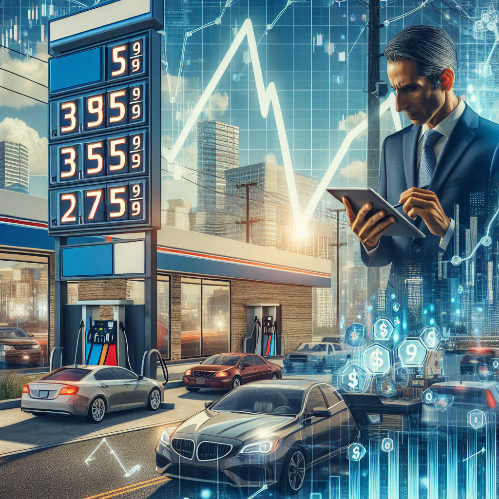 A complex image representing a narrative about the decrease in gas prices in the United States due to changes in energy policy. The foreground features a large sign displaying the price of gas in large digits, visibly lower than usual, located at a typical American gas station with various cars lined up to refuel. There's an economist, a Hispanic man in a business suit, analyzing a tablet displaying graphs and charts representing shifts in energy policies. The background might display a city skyline representing the economic landscape with clear, blue skies indicating positive change.