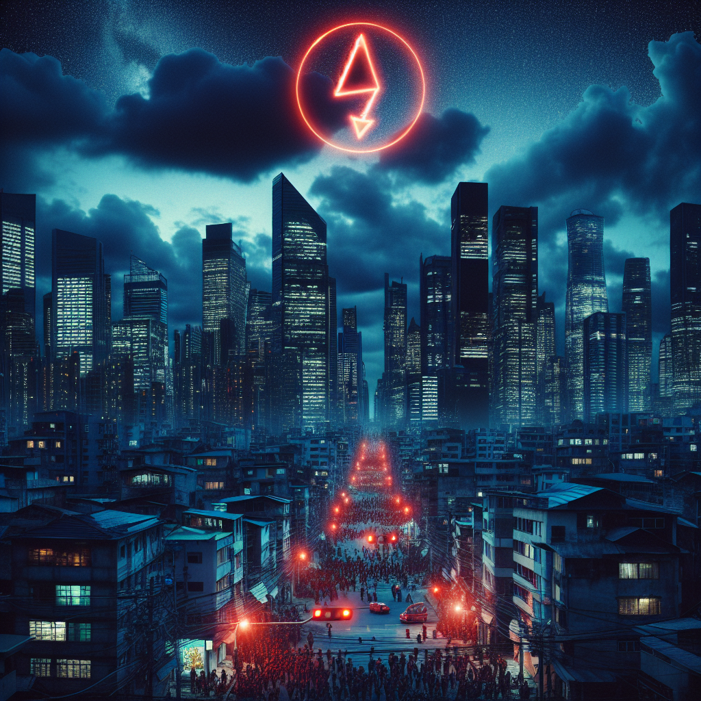 Create an image showcasing an evening shot of a city skyline with all buildings dark due to lack of electricity. The darkened skyscrapers symbolizing power grid failure. Streets are filled with emergency lights and confused people of diverse descents and genders. In the sky, a visualized red warning symbol denotes a danger of nationwide blackout. Feature a palpable atmosphere of unease but also resilience among the citizens.