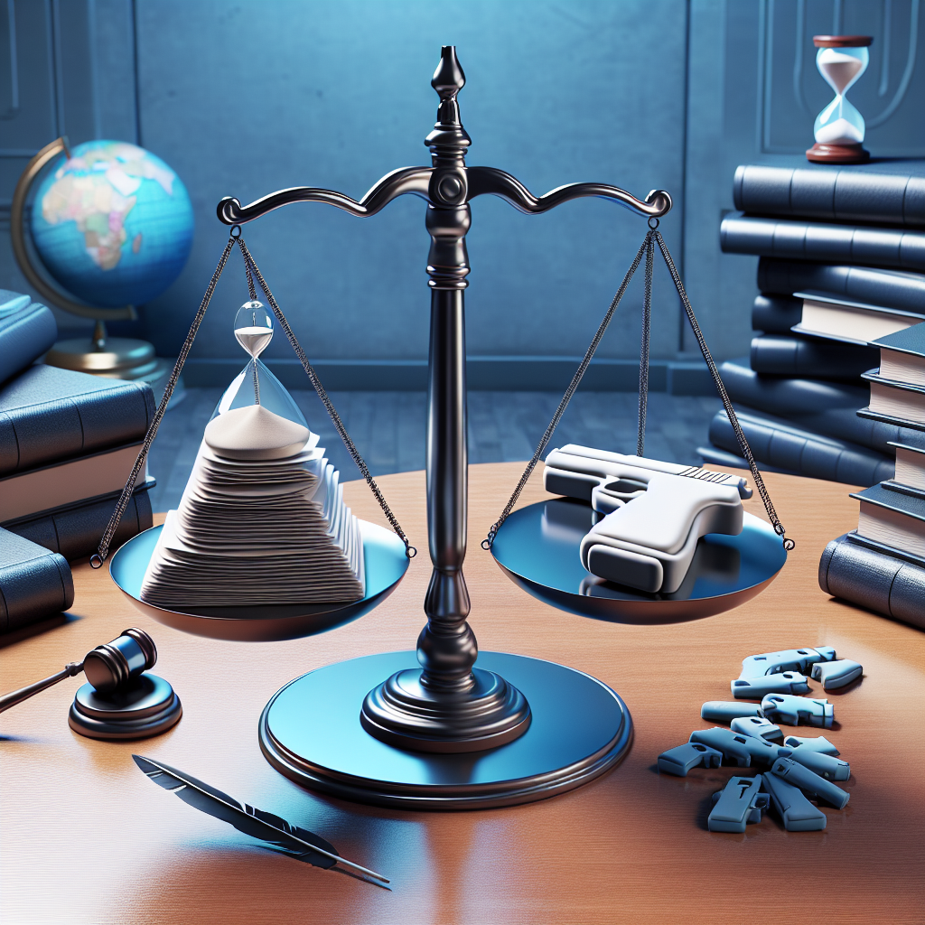 An image of a metaphorical balance scale on a polished wooden table. On one side of the scale is a pile of stylized legal documents indicative of gun control legislation, ink quill and an hourglass. On the other side of the scale is a 3D graphic representation of gun-shaped cookies being baked. The image should be infused with a cool, calming color palette of blues and whites, suggesting an effort towards tranquility and peace. The overall setting should be an office-like environment with stacks of books and a globe in the background.