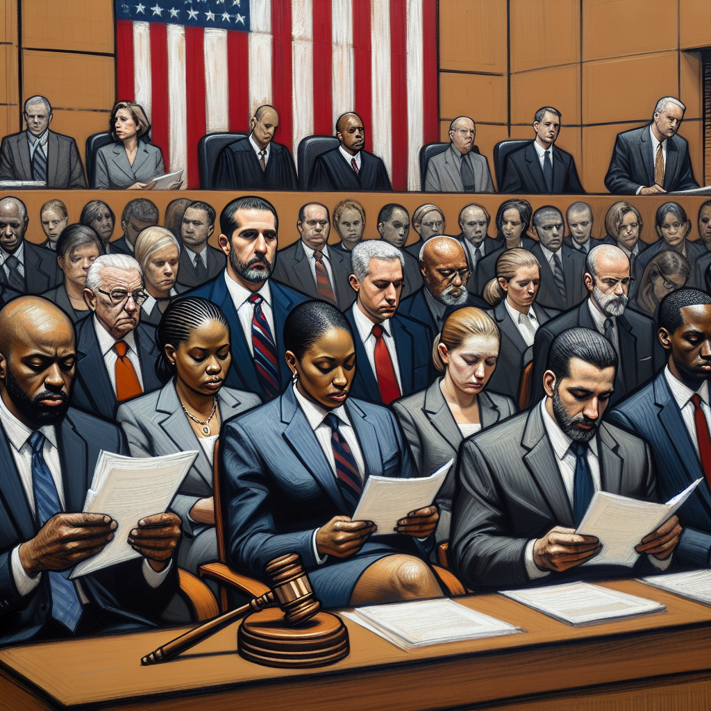 A symbolic courtroom scene illustrating a high-profile criminal trial in the US. A diverse mix of seven jurors, consisting of men and women from different descents including Black, Caucasian, Hispanic, Middle-Eastern, and South Asian. They are engrossed in reading documents, indicative of 'verdict updates'. In the foreground, a gavel, an integral symbol of justice, is prominent and a section of the American flag is partially visible. The room has an atmosphere of seriousness and gravity, typical of high-profile criminal trials.
