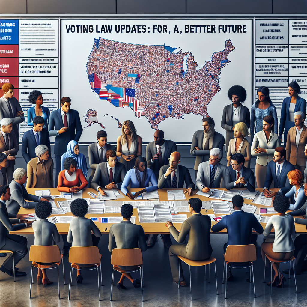 Generate an image showcasing a diverse group of people gathered around a large table. The table is covered with documents, ballots, and pens. There's a large board on the wall displaying a chart of the United States with marked election districts. All individuals, a mixture of Caucasian, Black, Hispanic, Middle-Eastern and South Asian men and women, are engaged in a discussion. They represent a variety of ages and come from various professional backgrounds, such as lawyers, statisticians, political scientists and public administration professionals. On a side, a large horizontal banner reads: 'Voting Law Updates: For a Better Future'