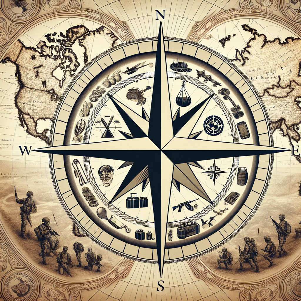 An illustration of a symbolic representation of US military aids. This could depict a large compass rose against a backdrop of an antique-style world map. The compass has arrows pointing to different regions of the world, symbolizing global outreach. On every arrow, there are subtle illustrations of military assistance items like food supplies, medical supplies, soldier training sessions, and tactical gears. In the background, perhaps fleeting images of peace symbols like doves, olive branches, and white flags, subtly implying the ultimate goal of global security.