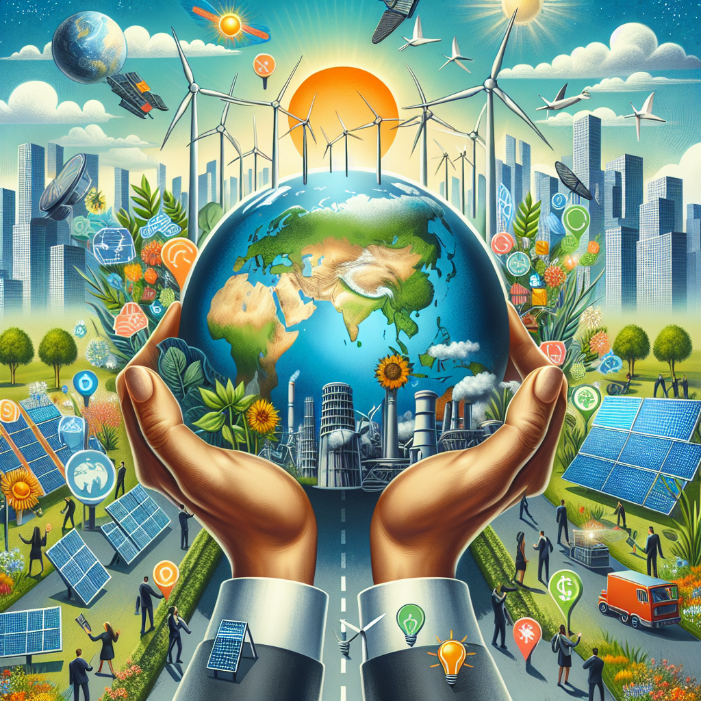 A figurative representation illustrating the concept of clean energy investment as a solution for climate change legislation. The image should include the globe surrounded by various symbols of renewable energy sources like wind turbines, solar panels, and hydroelectric dams. These symbols are being held by a pair of diverse human hands representing legislature pushing them towards the globe. The background should be a mix of bustling cityscape on one side and pristine green nature on the other, symbolising the balance that can be achieved. Please display the words 'Clean Energy Investments: Best Solutions for Climate Change Legislation' at the bottom of the image.