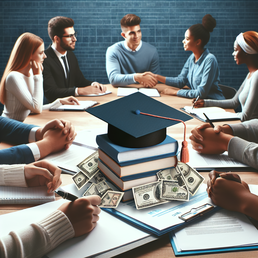 An image demonstrating the concept of student loan repayment and forgiveness programs. The image should include symbolism such as financial documents representing loans, graduation cap symbolizing education, hands shaking symbolizing agreement. Additionally, the image should feature a diverse array of students from different demographics. Include a Caucasian male, an East Asian female, a South Asian male, and a Black female depicted as students. They are sitting at a desk, examining the financial documents with look of relief on their faces, representing the concept of loan forgiveness.