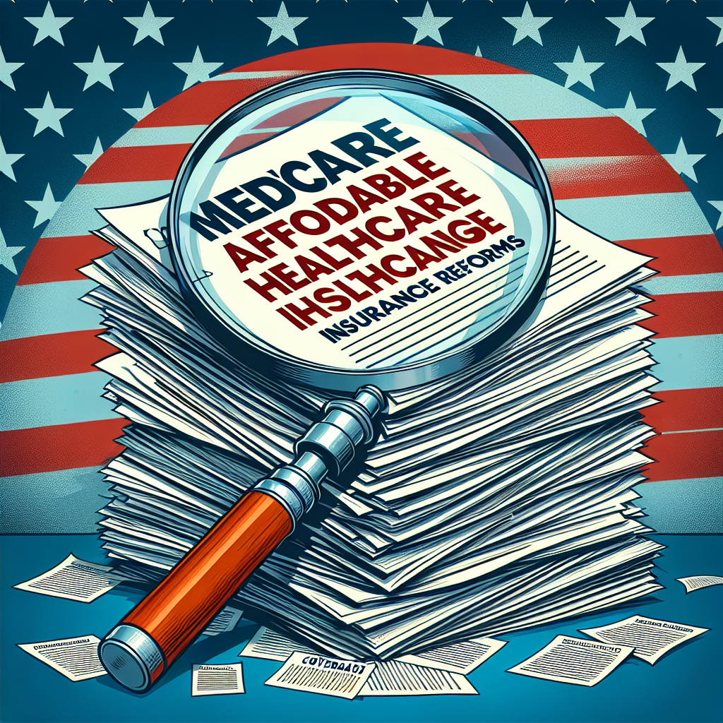 An overflowing stack of documents related to healthcare legislation, topped by a document titled 'Medicare Changes: Affordable Healthcare Insurance Reforms'. Next to the pile is a magnifying glass, under which text on one paper becomes legible, showing key terms such as 'reforms', 'coverage', and 'insurance'. The background features an abstract motif of the American flag, symbolizing the national span of these changes.