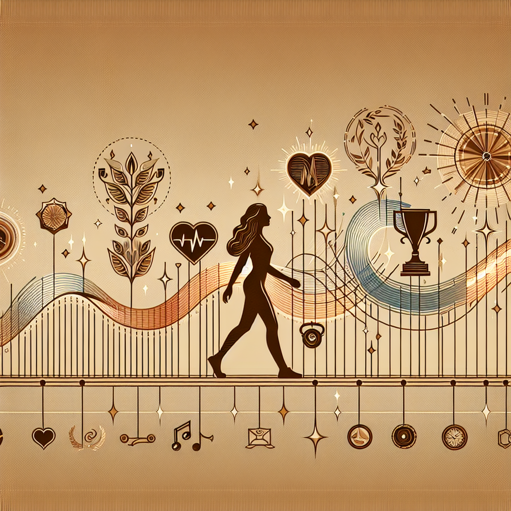 A graphic featuring an elegant timeline, woven with symbolic elements representing milestones. Icons of a cardio drum for health updates or a champion's trophy for success can appear at different points. At the starting point, we see a silhouette of an individual (the 'aspiring artist') – youthful, humble, and full of dreams. As we progress along the line, the silhouette starts changing – gaining aura and stature, indicating growth and transformation towards becoming a successful figure. Balanced colors, warm and inspiring, with highlights reserved for milestones. Styling should reflect the theme of 'journey to stardom'.