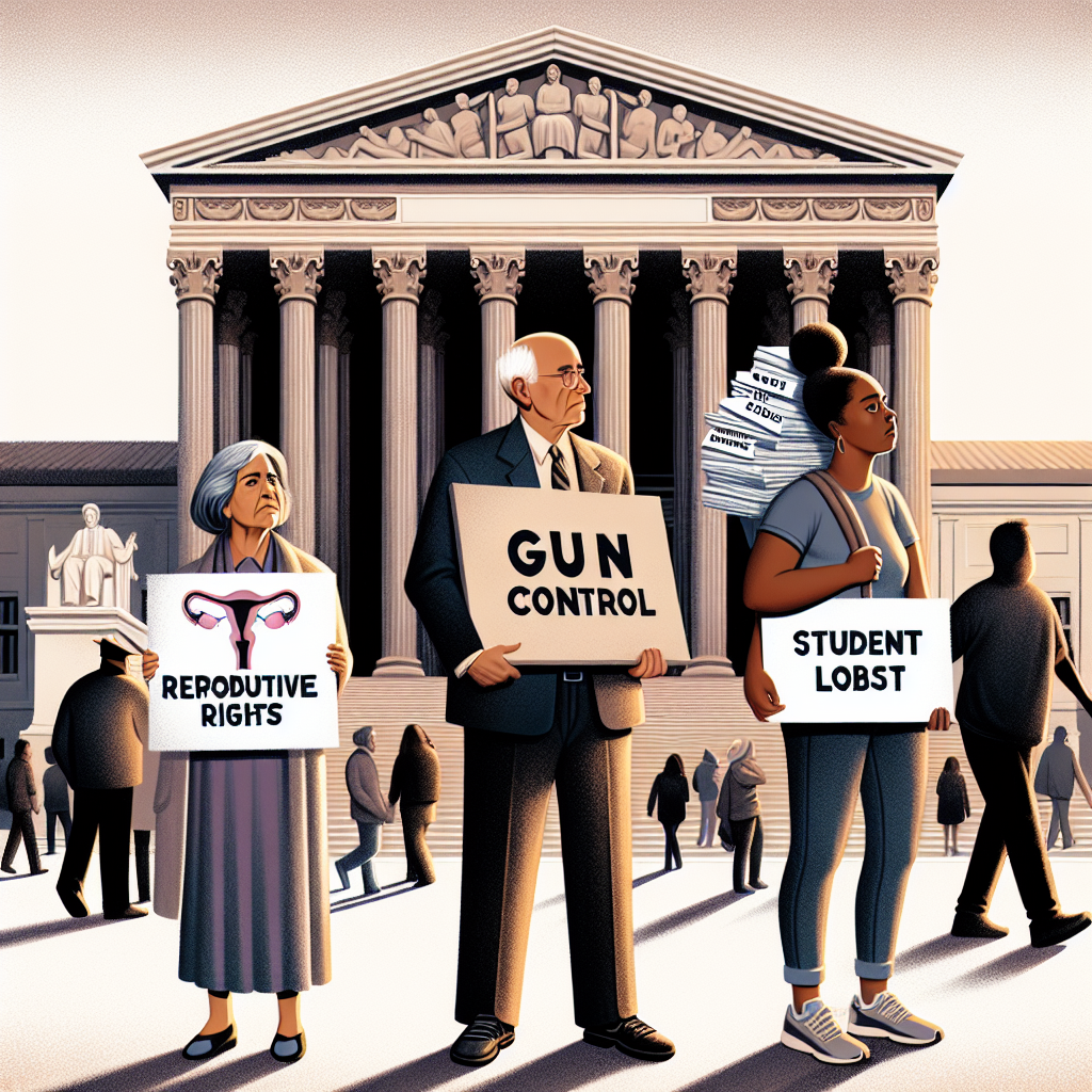 An image representing three significant societal issues: reproductive rights, gun control, and student debt. The scene unfolds in front of a large, neoclassical building symbolizing the supreme court. On the left, a woman holding a sign championing reproductive rights, she has a determined look, she is middle-aged and of Hispanic descent. In the center, a concerned, elderly Caucasian man holding a sign with a message about gun control. On the right, a young Black woman carrying a heavy weight labelled 'student loans'. She is looking up, showing resilience despite the burden. The setting is a peaceful demonstration during daylight.