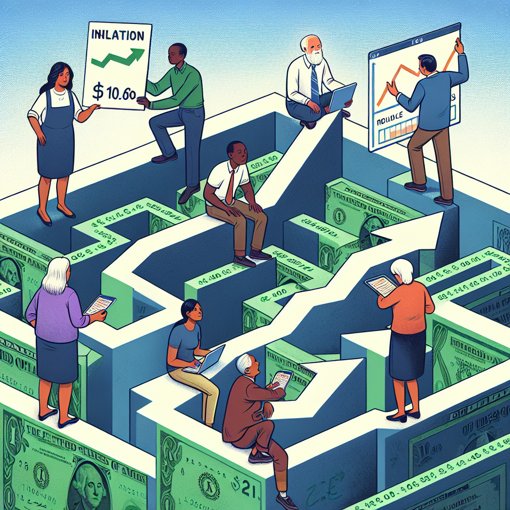 Illustrate a conceptual image showing a group of five diverse people navigating a maze that symbolizes the challenge of inflation caused by the Federal Reserve's interest rate decisions. The people represent various economic sectors (a Caucasian farmer, a Black small business owner, a South Asian investor, a Hispanic manufacturer, and a Middle Eastern retiree) strategizing and consulting a map which clearly shows financial symbols and numbers. The maze walls are made of dollar bills and they climb on a graph that signifies rise and fall to indicate inflation.