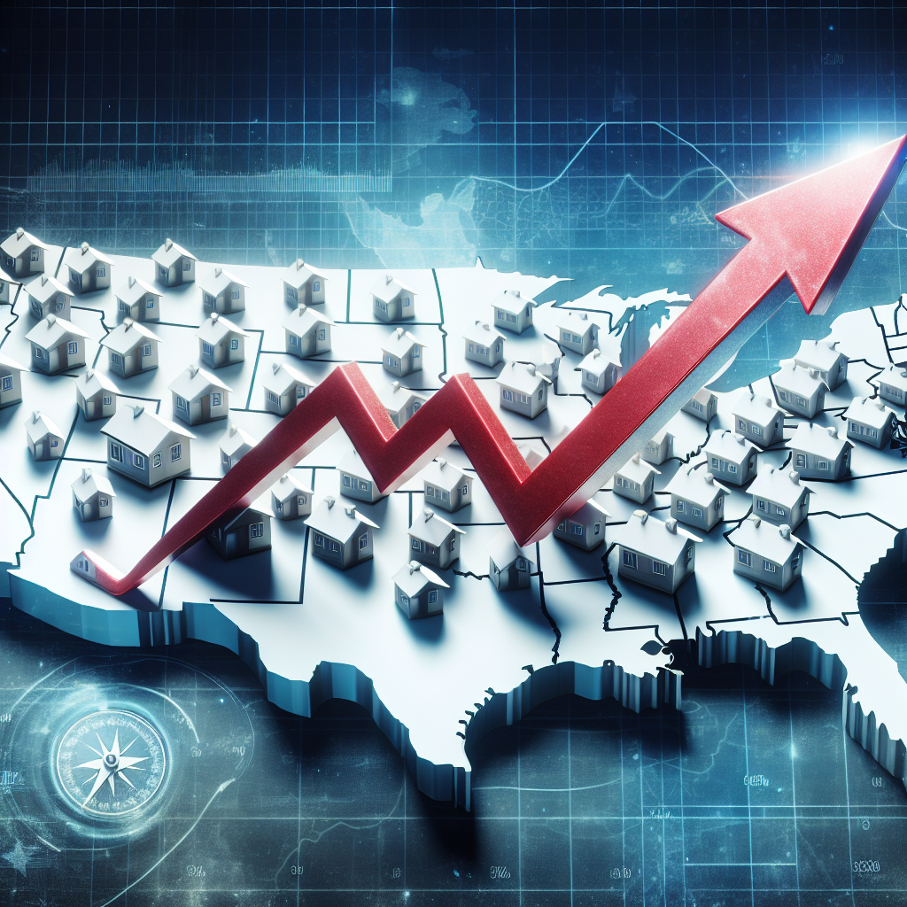 A dynamic image representing the American housing crisis. Visualize a large, stylized upward arrow showing mortgage rates skyrocketing against a backdrop of a map of the United States, where the states are filled with tiny cookie-cutter houses. This high-impact scene underscores the increasing pressure on homeowners and potential buyers. Overlay the image with elements suggesting strategy, like a compass and a chessboard, implying thoughtful navigation and strategic decision-making amid these challenging circumstances.
