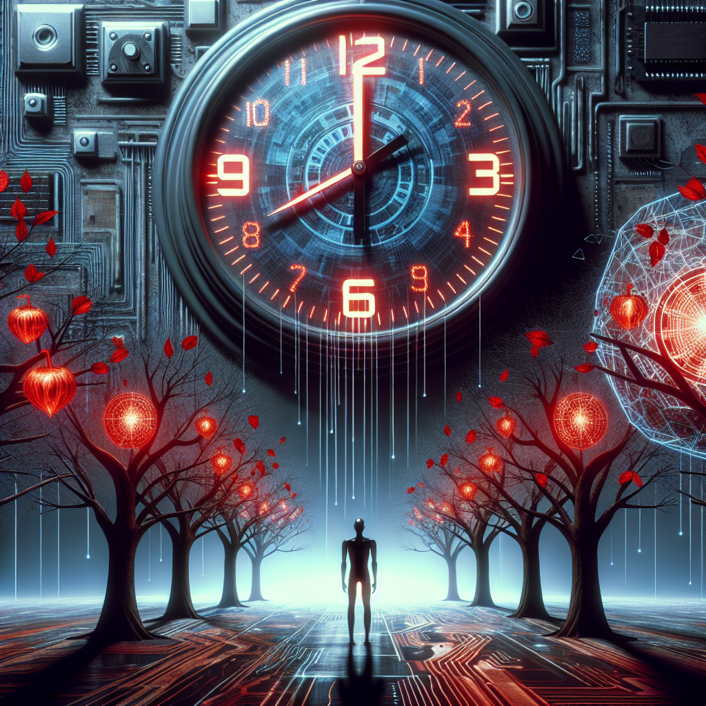 An impactful image featuring symbolic elements. Imagine a large, profound digital clock displaying time in red LEDs. The clock is boldly striking 12, hinting at a significant moment. Surrounding this central clock, visualize several 'tech trees' with circuits and wires for branches and digital fruits - bits and bytes symbolizing technology companies. These trees are wilting, leaves falling off, representing the mass layoffs. In the foreground, an anonymous, genderless human figure of ambiguous descent, symbolizing the affected workforce, watches the scene with a mix of fear and determination.