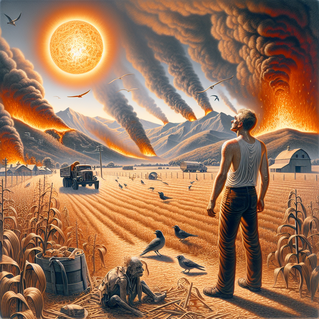 Depict an intense scene of a heatwave with the sun blazing in the clear sky, casting heatwaves visible on the horizon. Show a small sweat-drenched Caucasian male farmer standing in the midst of parched farmland, looking at the sky in despair. In the far-off distance, against the backdrop of mountainous terrain, illustrate breaking-out wildfires sending plumes of smoke into the sky, tinting the sky reddish. Include details such as wilting plants, birds fleeing, and farm equipment evident of damage by the scorching heat. The overall colour palette should be dominated by shades of orange, yellow and brown to enhance the feel of intense heat and despair.