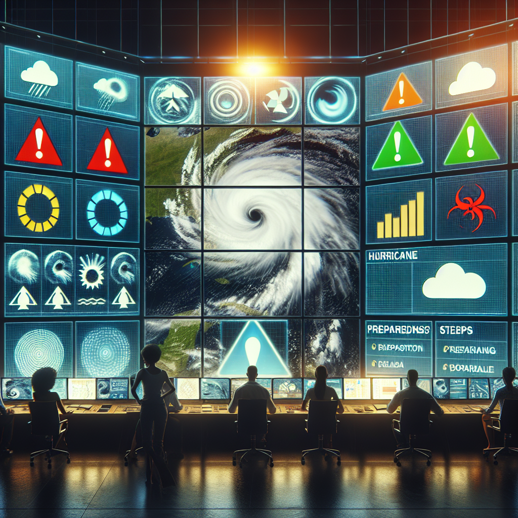Create an image that illustrates the theme of hurricane season alerts and preparedness updates provided by a national disaster management agency. Show a central visual of a modern control center, screens displaying warning symbols representing different levels of hurricane alerts. Outside, through the window, visualize dark, stormy weather to symbolize the approaching hurricane. Include a clearly visible chart showcasing different preparedness steps on another screen. Populate the control center with a diverse group of workers including a Caucasian woman intensely studying the forecast, a Black man analyzing the storm's path, and a Middle-Eastern woman preparing the alerts to be issued.