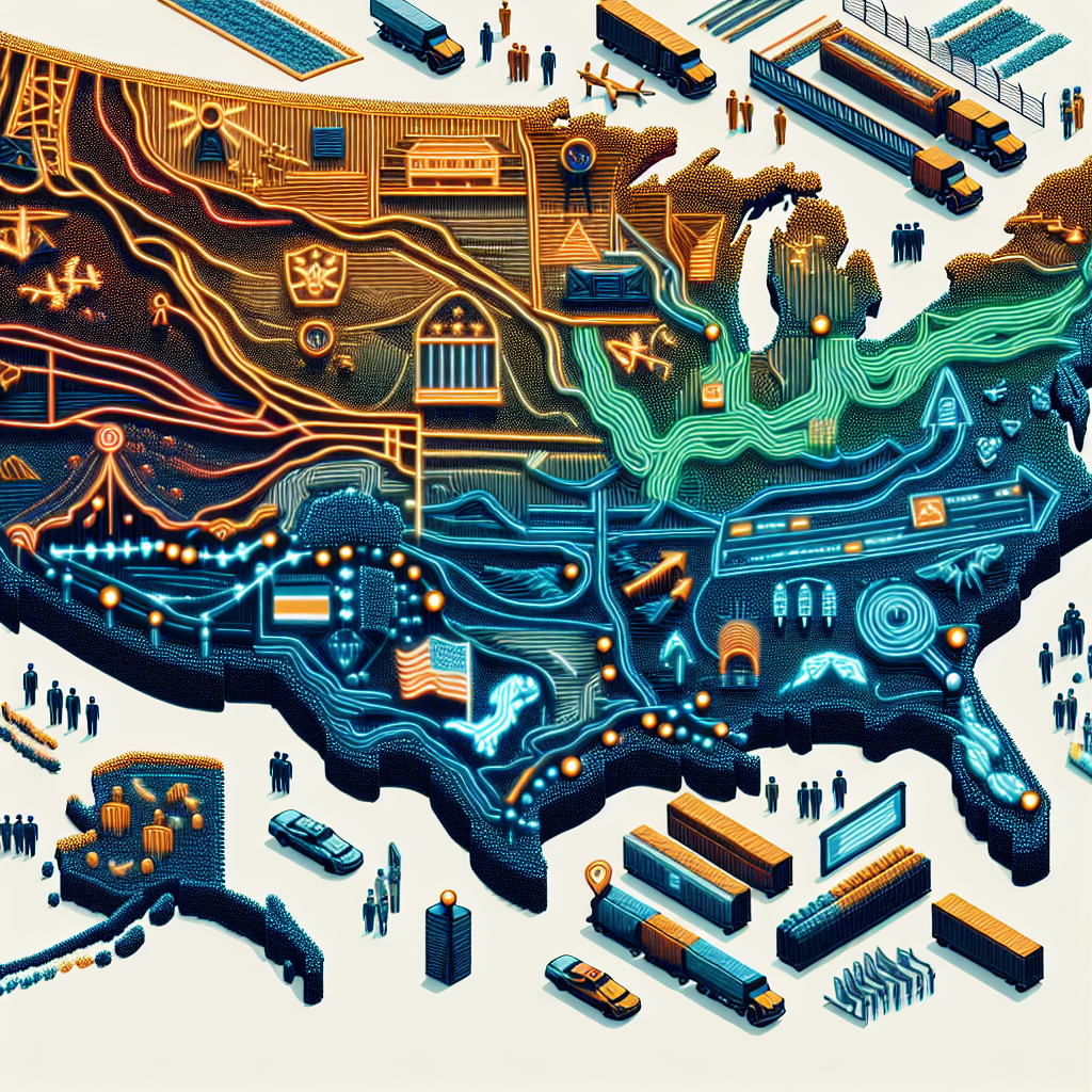 Visualize an abstract representation of the concept of immigration policy changes in a country with enhanced border security. Display a large, detailed map of the United States with specific attention drawn to the borders - perhaps a line indicating the extent of the landscape covered. Include symbols or markers indicating heightened security measures, like high-tech surveillance systems and border patrol vehicles. Also include details such as official immigration documents with subtle alterations to denote change, perhaps shifts in color or design. Please note, avoid depicting any specific political figures or biased depictions.
