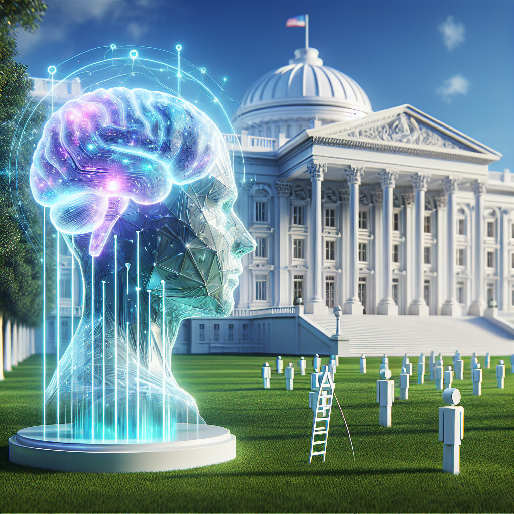 Display an abstract image of a grand, white building, standing majestic in a well-manicured lawn lined with trees, symbolizing the architectural representation of policy-making places. In the forefront of this scene, depict a multifaceted, translucent artificial intelligence icon, possibly a brain or a humanoid figure, glowing with electric blues and purples to signify technology and knowledge. On the side, illustrate a simple, step-by-step mechanism or a ladder showcasing the concept of 'effortless implementation'. The overall tone should maintain professionalism and optimism.