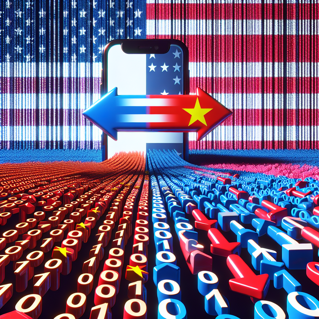 Visualize an abstract rendition of binary codes clashing, symbolizing technology tensions. Render one stream of code in the colors of the US flag (red, white, and blue) and the other stream in the colors of the China flag (red and yellow). Place a smartphone in the middle, showing the logo of a visually generic dancing short-video app. Include a symbol of debate, such as two cartoon speech bubbles with opposing arrows, to represent the ongoing discussion.