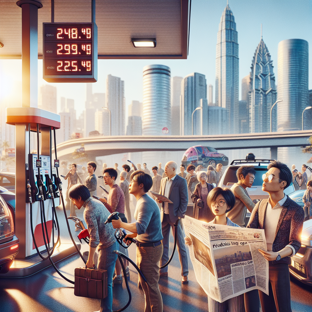 A dynamic scene at a gas station in a bustling city during midday. The sun is shining brightly in a clear blue sky. A multiculutral array of drivers of various ages and genders are filling their cars at the pumps, their faces conveying a sense of satisfaction. Some turn to look at the gas station's digital sign that displays reduced fuel prices. A newspaper held by a middle-aged Asian man waiting in line features a prominent headline about recent changes in energy policy. Mixed with casual onlookers, an energy expert is meticulously analyzing the prices with a thoughtful expression. The city skyline in the background gives an impression of economic prosperity.