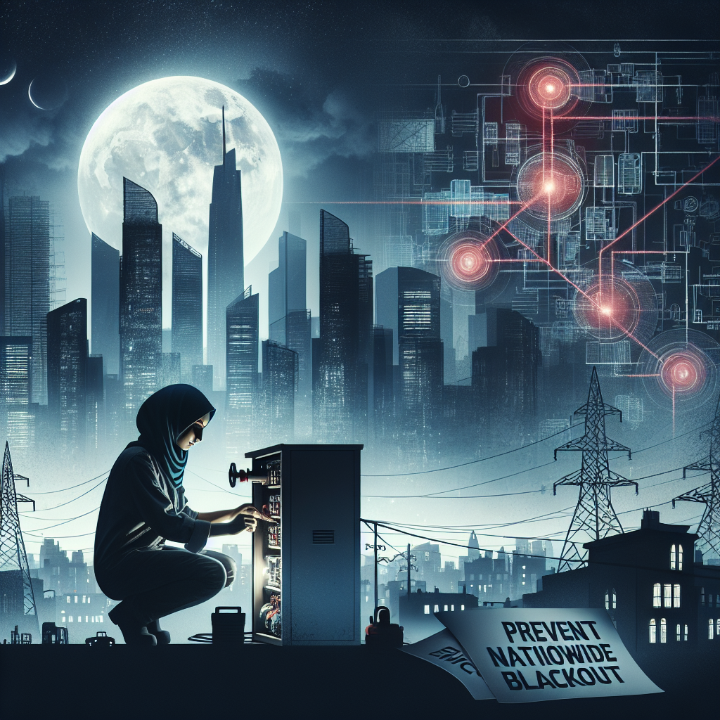 Illustrate a bleak cityscape in the midst of a power outage, with skyscrapers silhouetted against the sky and only the moon providing a somber glow. Add an engineer in the foreground, working diligently on an electricity box, representing the efforts to prevent blackout. The engineer is a Middle-Eastern female, wearing safety gear and using professional tools. Also, depict a diagram of a power grid floating in the air next to her, with red lines indicating the problematic areas - a symbol of the risks associated with power grid failures. Scatter around pamphlets titled 'Prevent Nationwide Blackout' as a hint towards vital measures.