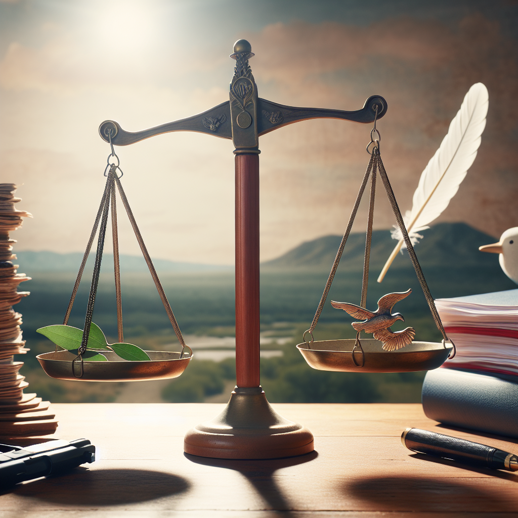 A balanced scale resting on a wooden desk. On one side of the scale, there's a stack of papers representing Federal Gun Control Legislation. On the other side, a peaceful olive branch symbolizing reduced gun violence. In the background, representative symbols of effortlessness: a feather, floating in the air, and a river flowing smoothly. The scene is imbued with a tranquil morning light.