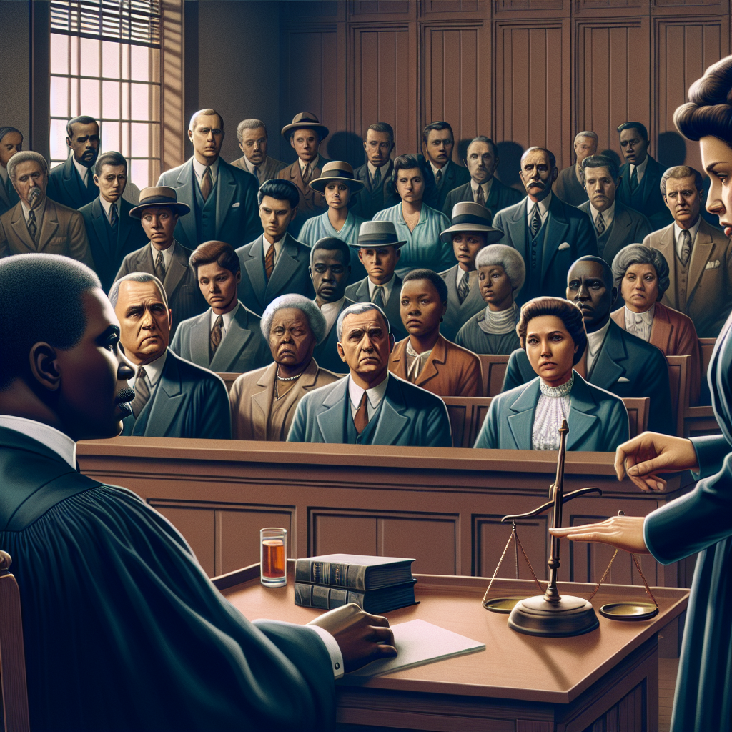 A courtroom scene depicting a historic American criminal trial in progress. The scene includes a tense atmosphere with the anxious jury members of different descents and genders carefully listening to a compelling closing argument by a female prosecutor. A judge, a middle-aged Black man, sits at the elevated bench, maintaining a solemn and serious expression. In the background, observers portraying a mix of descents and genders can be seen anxiously awaiting the verdict. The scene should be designed in a realistic style, using muted colors and emphasizing the gravitas and seriousness of criminal trials.