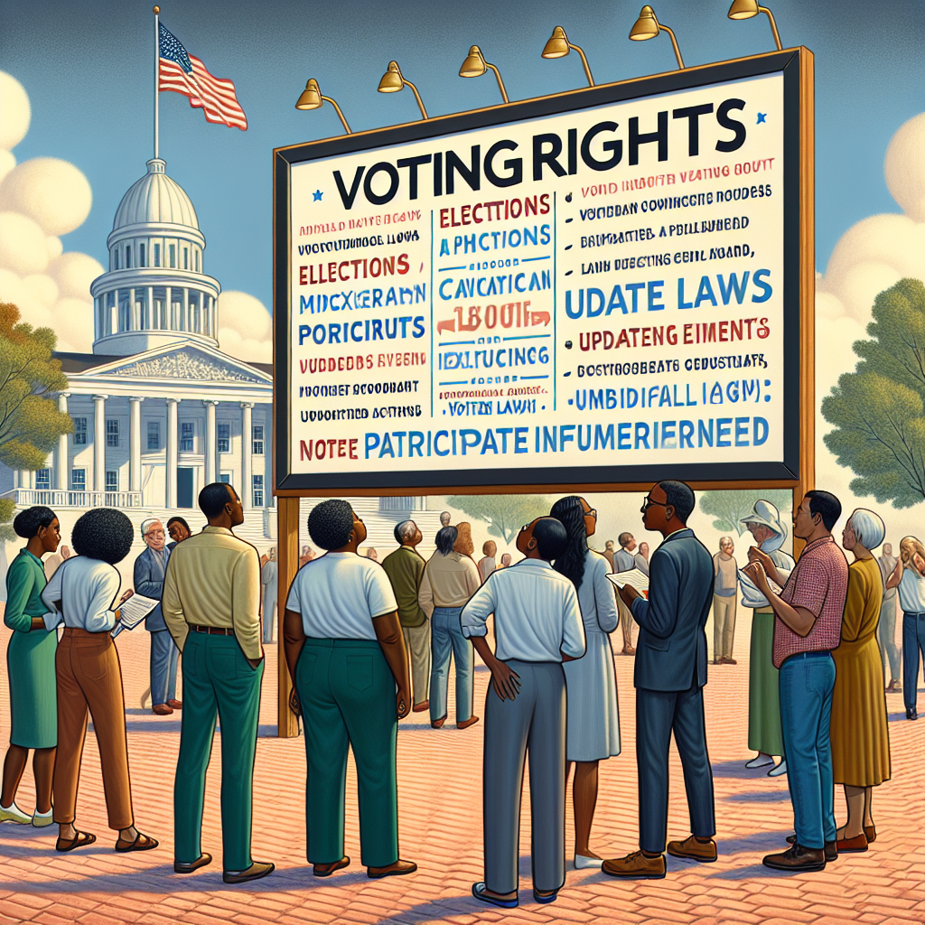 An illustrative image featuring a variety of people in a town square, examining and discussing a large billboard with text pertaining to updated voting laws. The main focus of this image should be the large billboard displaying terms like 'voting rights', 'elections', 'updated laws' and 'participate', visually symbolizing the informed nature of the citizens. The individuals should be from diverse age groups and varied descent including Black, Caucasian, Hispanic, Middle-Eastern, and South Asian, depicting the inclusivity of the American population. The setting should include elements of typically American architecutre in the background.