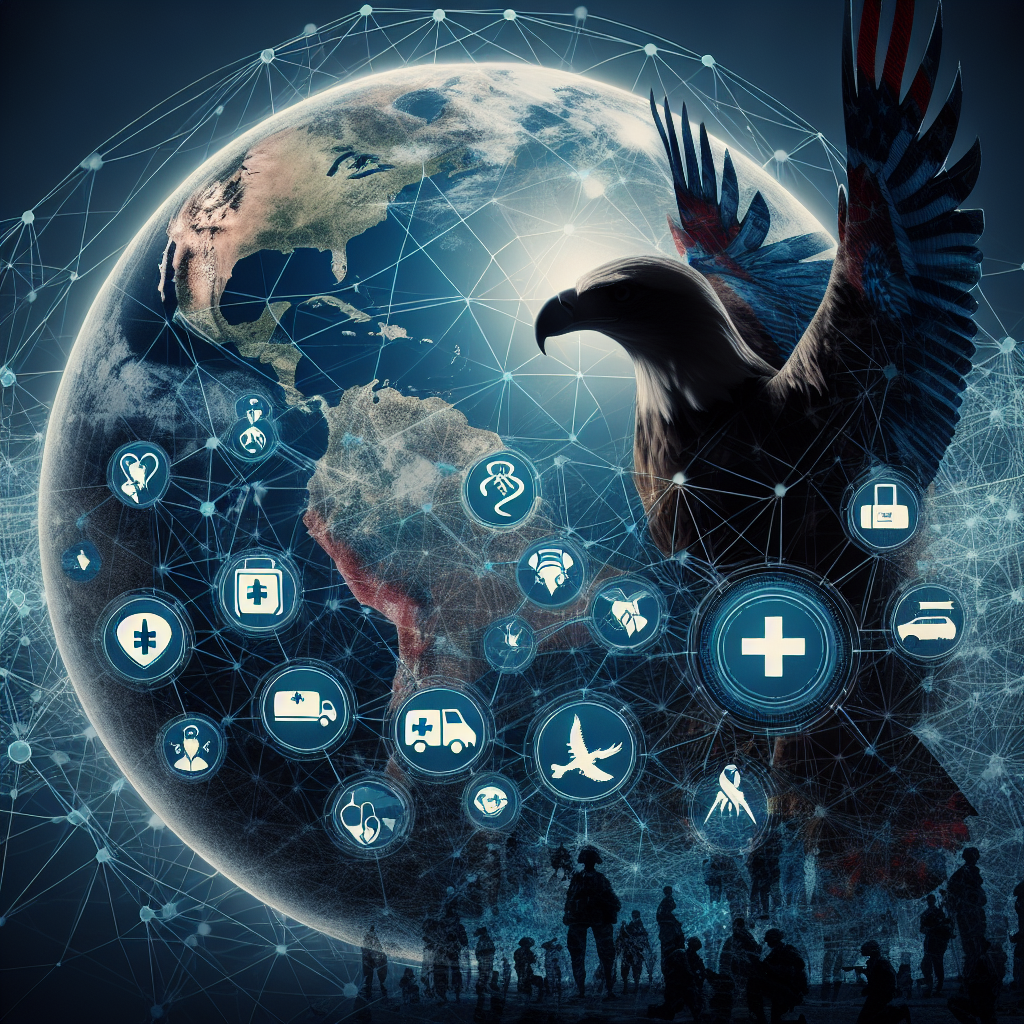 A detailed image illustrating the globe, overlaid with a network of connections and symbolic images of strategic resources such as medical supplies, communication devices, transport vehicles and military training symbols. In the background, the silhouette of an eagle is visible, symbolizing strength and security. Please ensure the illustration is non-political and non-offensive.