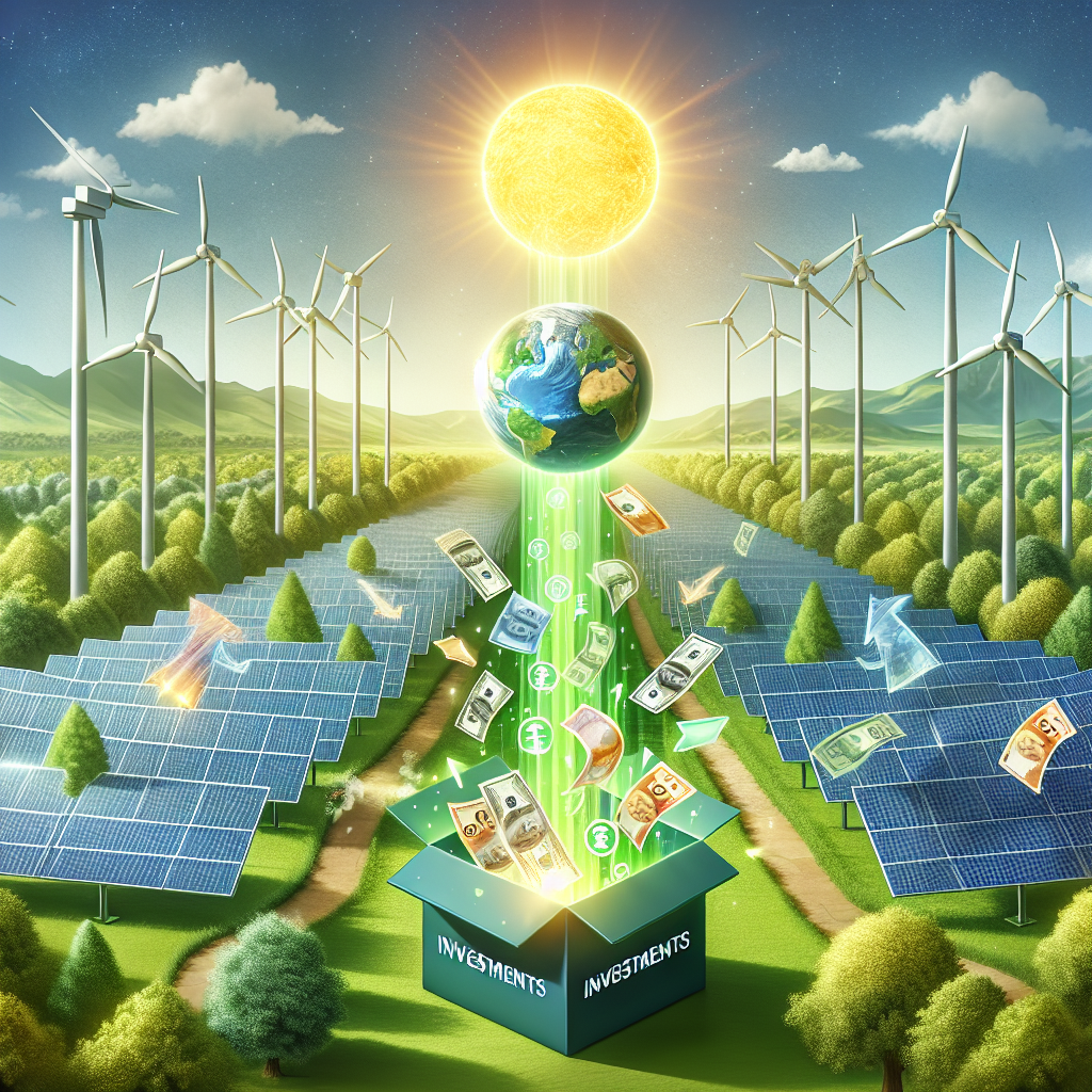 An illustration of the concept of sustainable success in clean energy investments. Depict solar panels and wind turbines on a lush green background, symbolic of renewal, extending towards the horizon. The foreground shows a plethora of world currencies flowing into a box labeled 'Investments' and transforming into symbolic positive environmental impacts, representing the rewards of investing in clean energy. The sun in the sky is radiating light onto the scene, indicating a bright future in sustainable energy efforts.