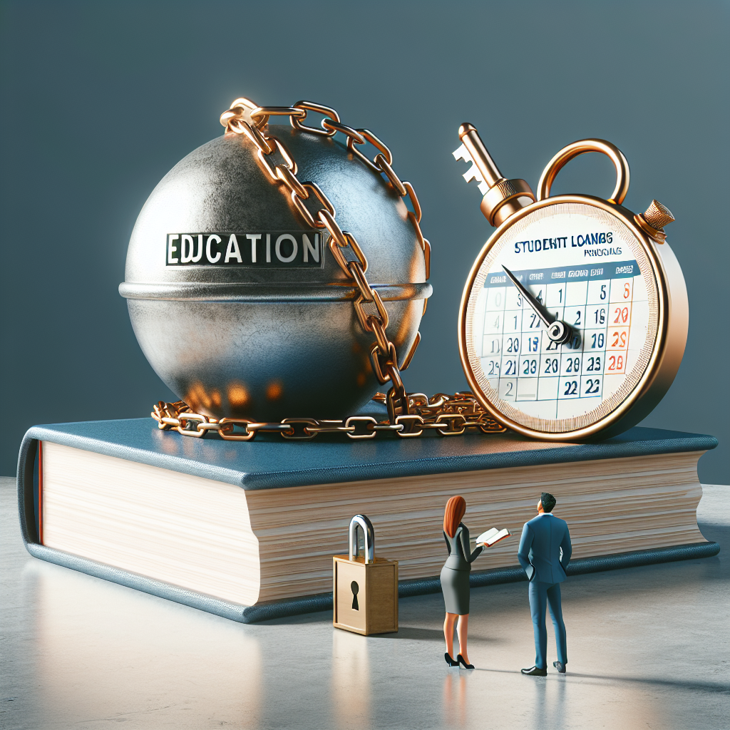 An image representing the concept of student loan forgiveness programs aiding in repaying loans faster. The primary focus should be a large, thick textbook labeled 'Education' at the base, chained to a heavy metal ball labeled 'Student Loans'. Stationed beside these is a shiny, golden key labeled 'Forgiveness Programs'. On the key is a detailed engraving of a calendar symbolizing the quicker repayment process. The setting should be a minimalist office desk with a Caucasian female and a South-Asian male in office attire, looking hopeful, carefully examining the chained textbook and golden key.