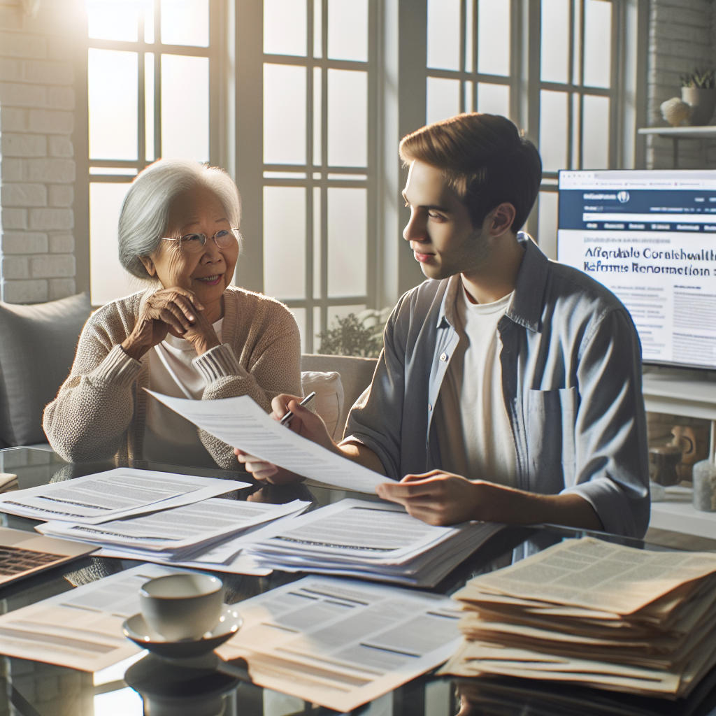 Create a detailed and insightful scene of an Older Asian woman and a young Caucasian man sitting in a well-lit, comfortable indoor setting. They're discussing documents spread out on a coffee table. These documents are clearly labelled as 'Medicare' and 'Health Insurance'. Also, a computer screen in the background displays headlines about 'Affordable Healthcare Reforms'. The mood of the scene should reflect consideration and optimism, embodying upcoming positive changes.