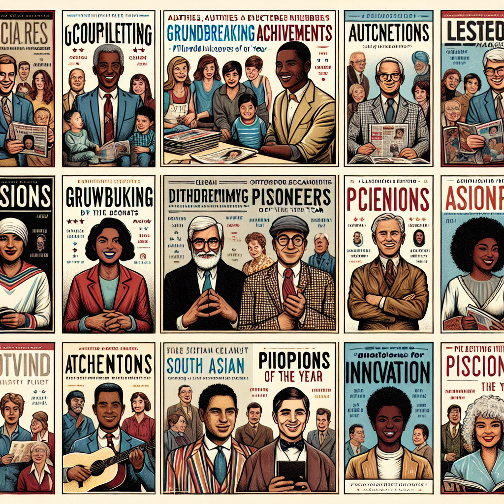 A variety of illustrated newsstand magazines focusing on noteworthy achievements by public figures. Show a range of magazine covers featuring accomplishment-themed headlines, such as 'Ground-breaking Achievements', 'Pioneers of the Year', and 'Champions of Innovation'. Please include diverse roles like authors, musicians, directors, athletes, scientists, and more. There should be broad descent representation -- Caucasian, Hispanic, Middle-Eastern, Black, South Asian, et cetera -- with gender equal distribution for spotlighted individuals. Mix contemporary and vintage magazine designs for varied appeal.