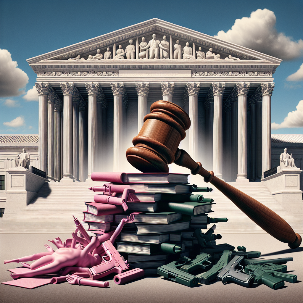 A symbolic representation of momentous decisions being made on important topics. In the foreground, a regularly sized wooden gavel strikes down on a pile of documents signifying legal decisions. The pile splits into three sects, representing abortion, guns, and student loans. Each sect radiates a different color: pink for abortion, gunmetal grey for guns, and green for student loans. In the background, a grand classical building characterized by large, impressive pillars, symbolizes the supreme authority. The scene is in daylight under a cloud-laced blue sky.