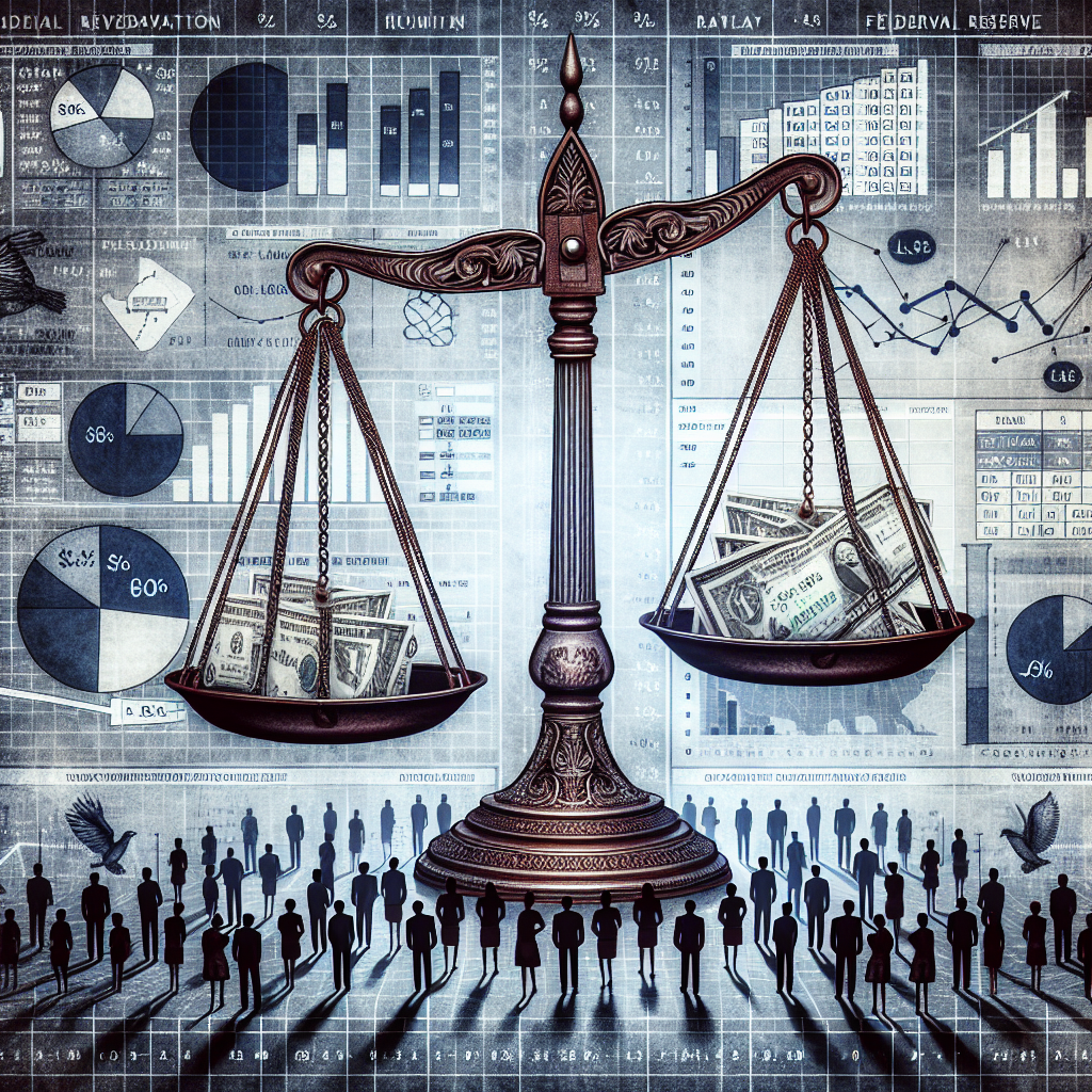 Visualize a conceptual illustration depicting the decision making process of Federal Reserve regarding interest rates. Include a large, ornate scale to symbolize the balance of factors considered in these decisions, such as inflation and unemployment rates. Below the scale, show an array of people of different genders and descents closely monitoring the movement of the scale. Overlay numerical data and graphs to suggest the careful analysis involved. Incorporate symbolic elements like dollar signs and arrows pointing up or down to reflect the fluctuations in interest rates.