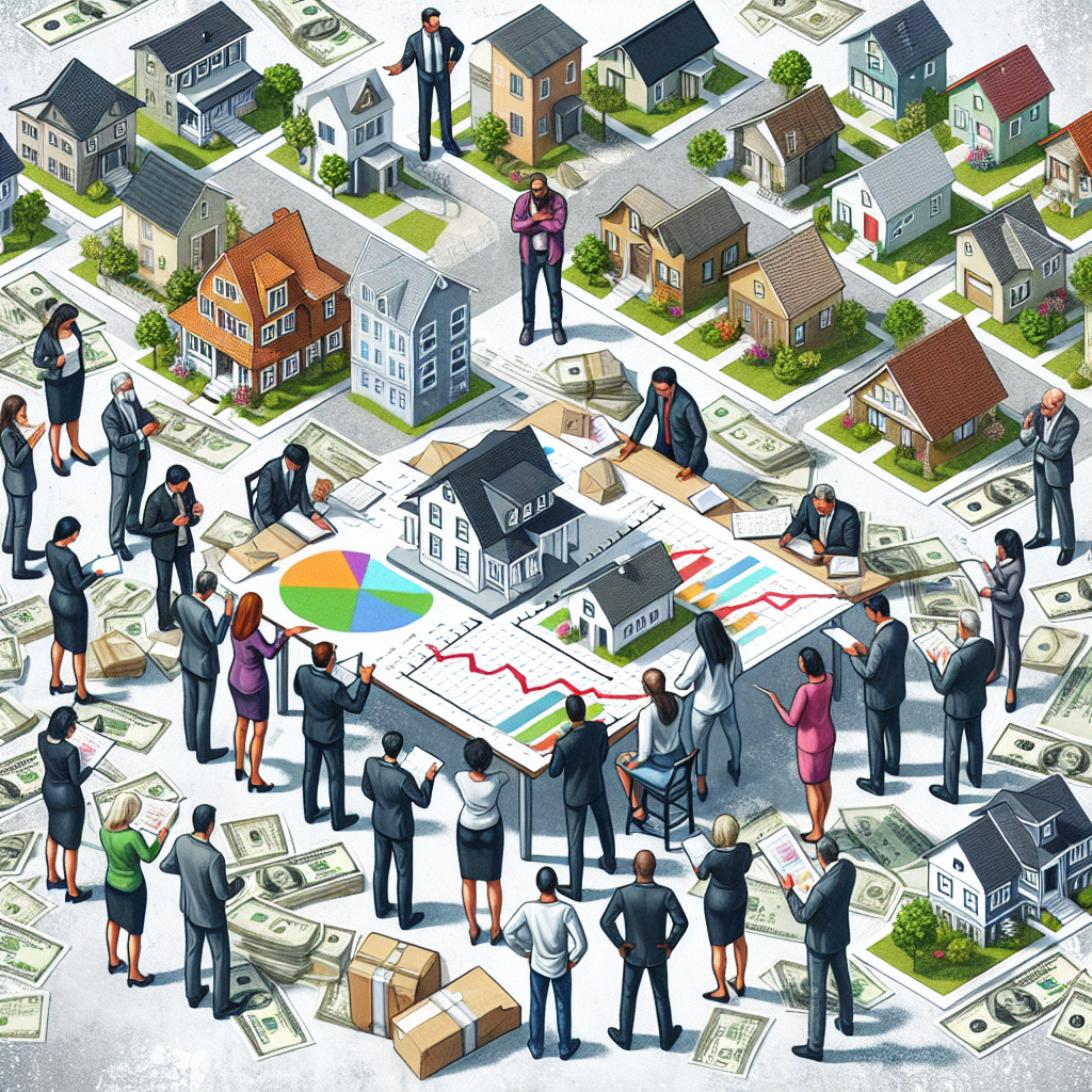 A detailed illustration of a diverse group of people of different genders and descents standing around a table littered with documents, urban and suburban house models, currency bills, and a graph showing rising mortgage rates. Each person appears engaged in deep discussion, pointing towards the charts and house models, suggesting the strategic planning process. The background should depict a wide range of houses - small and big, old and new, representing the US housing market diversity.