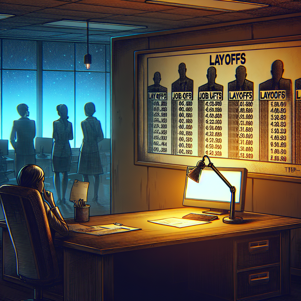 Image scene is for an article focusing on layoffs in major tech companies. Picture a dull, gloomy office with an empty desk, a desk lamp emitting a dim light and a computer screen displaying numbers reflecting significant job cuts. Behind the screen hangs a billboard with the mock logos of four large fictional tech companies, indicating that they are going through a phase of layoffs. Sketch in the background perhaps coworkers in various states of emotion, of different genders and descents such as Caucasian, Hispanic, and South Asian, communicating the bleak atmosphere brought about by the layoffs.