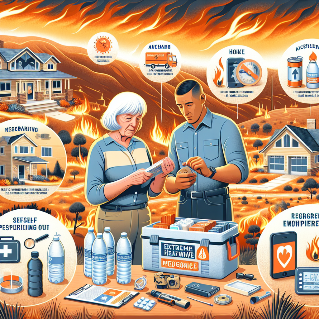 An informative image capturing elements of extreme heatwave preparedness during wildfire emergencies. In the foreground, envision a well-prepared, elderly Caucasian woman and a young Hispanic man checking their emergency kits, filled with necessary supplies like water bottles, non-perishable food, and flashlights. The background picture scenery of a dry, fiery landscape symbolizing the urgency of the situation. Also, include individual elements illustrating best practices such as self-cooling methods, a well-insulated house, and a diagram demonstrating a safe evacuation route. The overall tone should emphasize preparedness, resilience, and safety.
