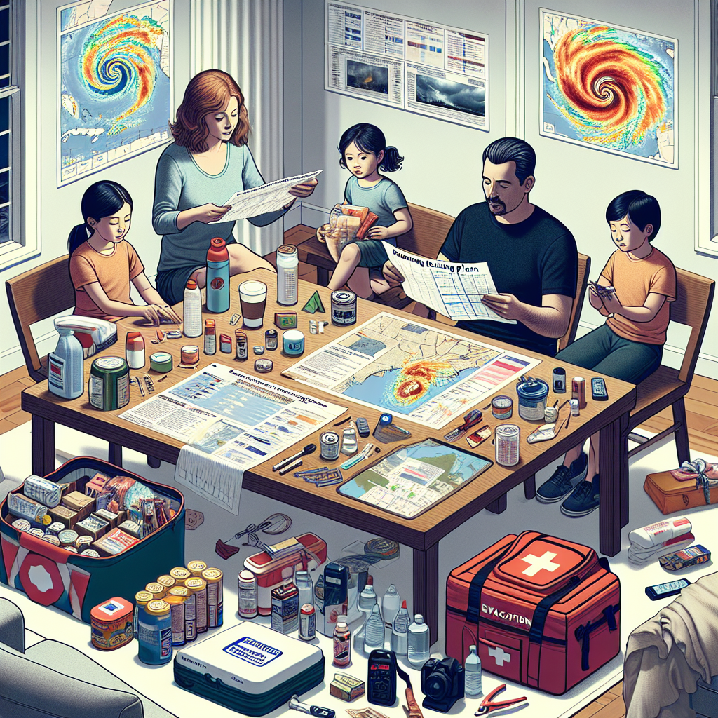 Visualize a family room, with a Caucasian mother, a Hispanic father, and their two Asian children. They're clustered around a wooden table, meticulously planning for hurricane season. Maps, weather graphs and checklists are spread across the table. Top right corner illustrates a robust first-aid kit, filled with bandages, ointments, and necessary medications. To the left corner, depict a stockpile of canned foods, bottled water, flashlights, batteries, and a battery-operated radio. Bottom right displays an evacuation plan on a bright, laminated paper. Showcase an atmosphere of calm determination and preparedness.