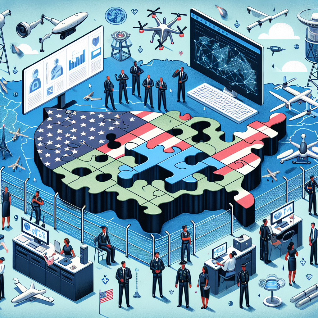 Illustrate an abstract concept of a modern US immigration policy depicted as a set of interlocking jigsaw puzzle pieces floating over a map of the United States. Nearby, display symbols of security enhancements such as computer screens showing advanced algorithms, drones, surveillance cameras, biometric scanners, and improved fencing. Include a diverse spectrum of immigration officers, displaying men and women of Caucasian, Hispanic, Black, Middle-Eastern, and South Asian descent collaborating on the puzzle. The scene should embody the idea of constructive change and collaboration in a complex issue such as immigration policy.
