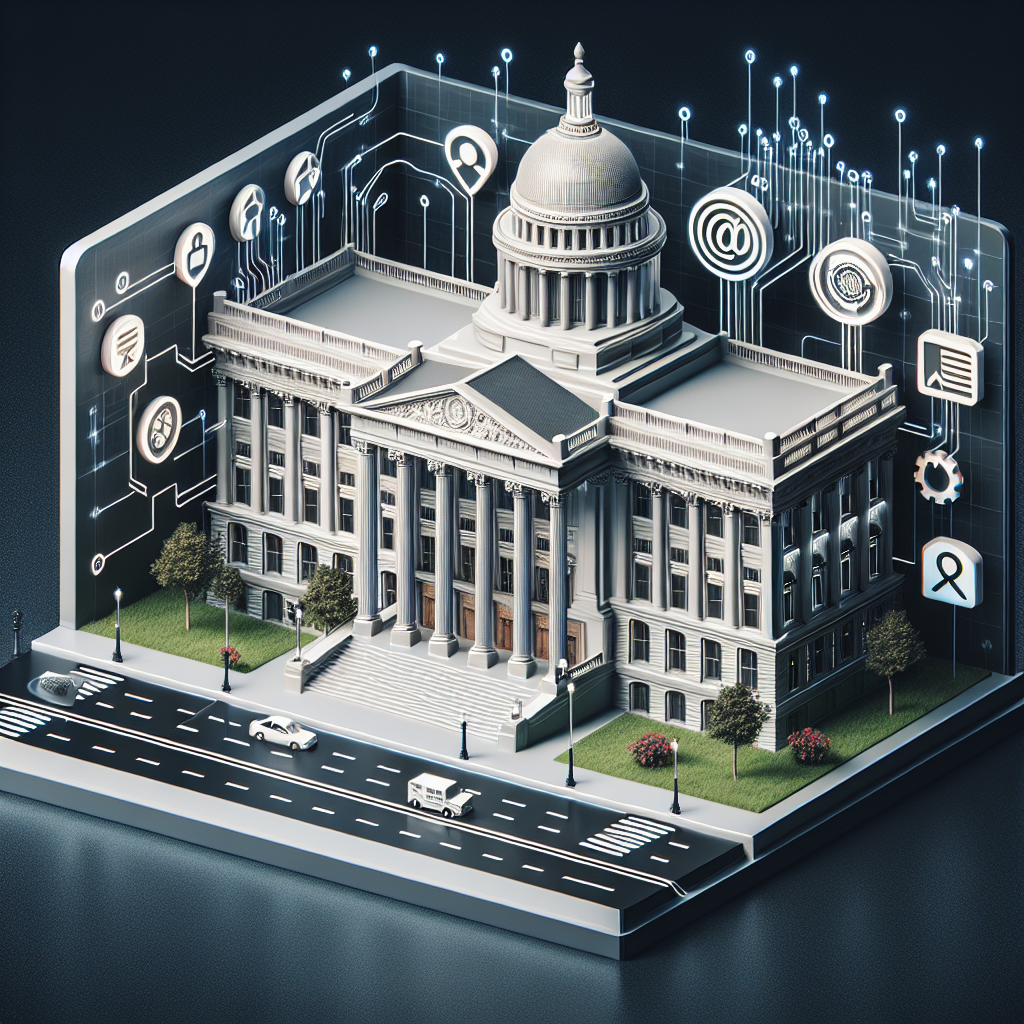 Visualize a modern building resembling a well known government house, but with elements indicative of artificial intelligence integrated into its architecture. Display symbols or signs related to regulation next to it. This scene reflects the AI regulation policy being implemented by a significant governing institution.