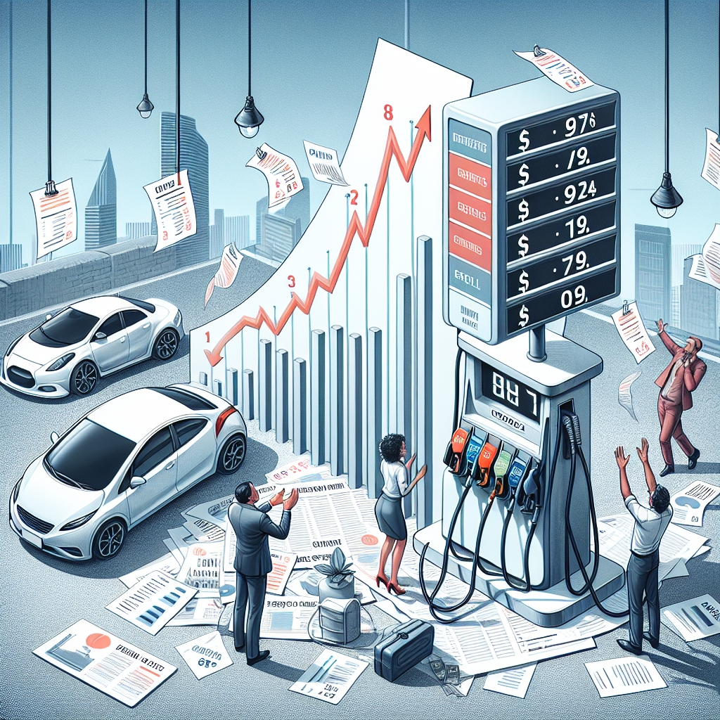 Visual representation of gas prices falling dramatically down a chart, as paperwork marked with US energy policy changes scattered around. The chart is placed next to a horizontal gas pump, and the numbers on the pricetag are lowered to indicate decreased costs. Nearby, an energy-efficient car is parked, symbolizing the shift towards sustainable energy. The background is a urban cityscape, illustrating the context of the situation. A diverse group of individuals, a Caucasian female and a Middle-Eastern male, are examining the chart with expressions of surprise and relief.