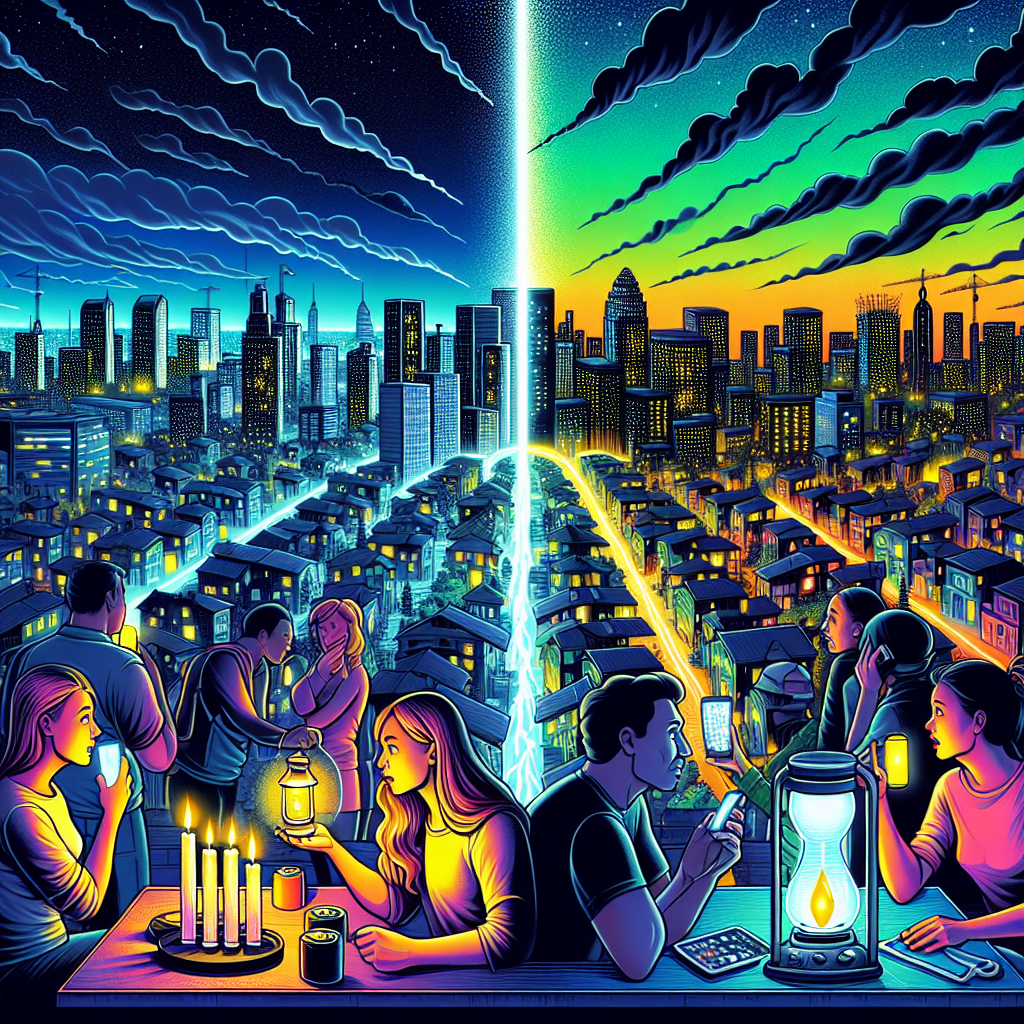 A vivid illustration showcasing a sprawling city view during the night, with all buildings and streets glowing brilliantly with electricity. Half of the city suddenly plunges into complete darkness, clearly signifying a power grid failure. Some individuals, of diverse races and genders such as Caucasian females and South Asian males, are shown reacting to this sudden blackout. They are each holding essential equipment for dealing with power outages, like candle lights, battery-operated radios, and portable solar lamps. The overall imagery portrays the problem of nationwide blackouts and the importance of preparedness.