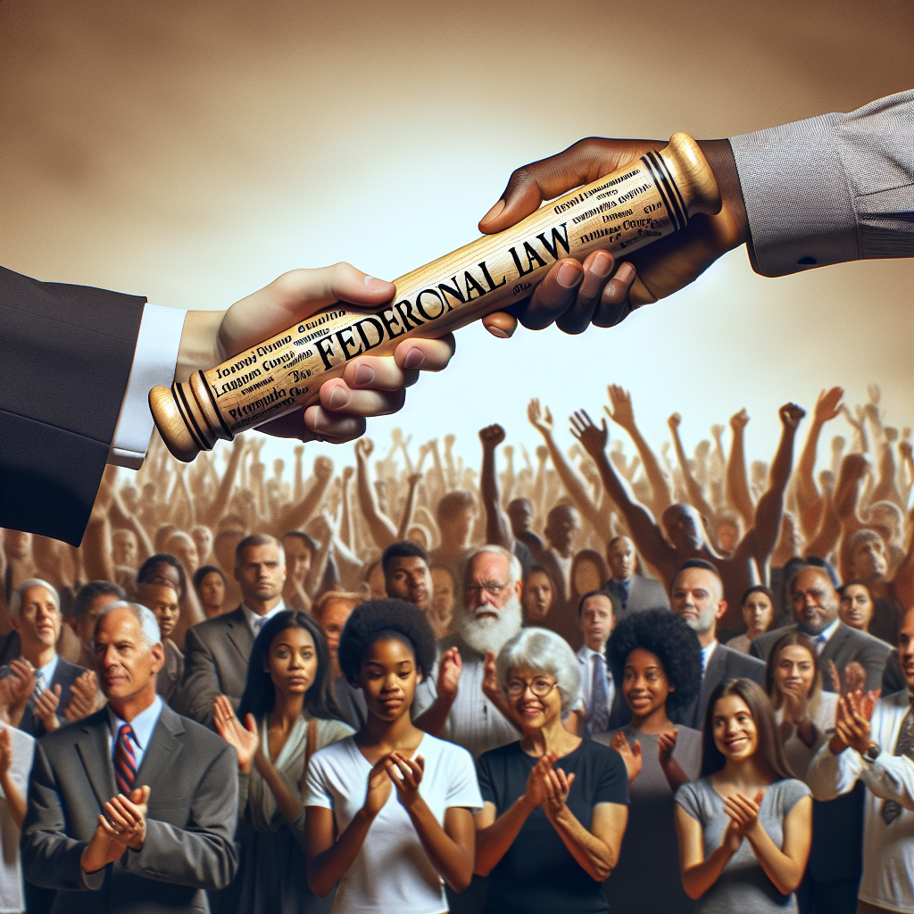 An image of a pair of Caucasian and Black hands, respectively, passing a symbolic baton representing federal law, which is enveloped with inscribed phrases such as 'gun control', 'legislation', and 'tackle gun violence'. In the background, a diverse crowd of men and women, young and old, from different ethnicities like Hispanic, Middle-Eastern, South Asian, and White, encouraging and applauding this move. The image symbolically signifies unity and cooperation among all people, irrespective of their race or gender, towards implementing effective measures to address the issue of gun violence.