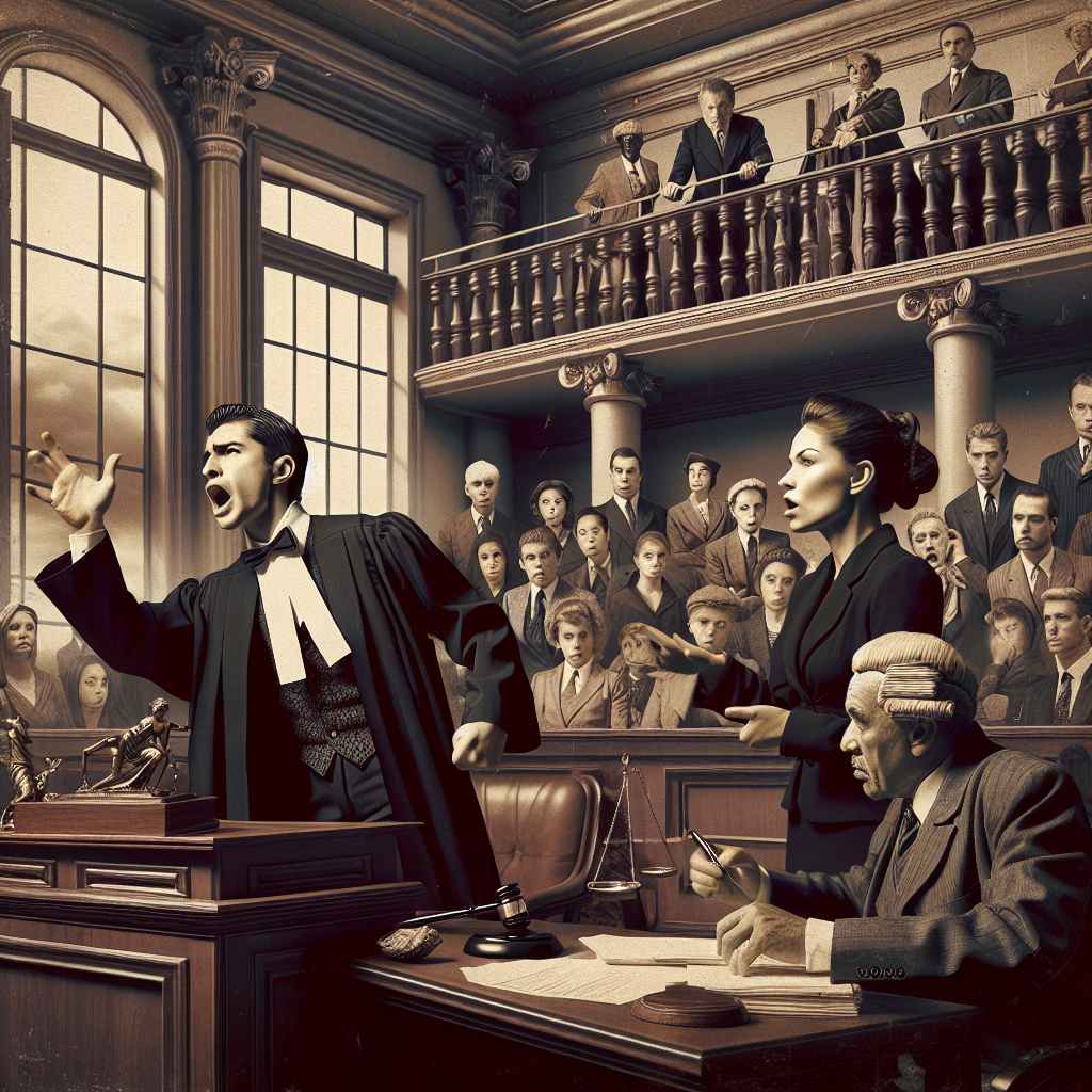 Show a dramatic, vintage style courtroom scene, taking inspiration from the mid-19th century. Illustrate a passionate lawyer, of Caucasian descent and female gender, enthusiastically making her case. Next to her, an Asian male defendant, looking worried. Include details such as a jury box filled with diverse on-lookers, a mature Black judge overseeing the trial, and the Neo-classical architecture of the courtroom. Add in some nods to 'high-profile' by having the public gallery filled with reporters hurriedly scribbling notes. Evoke a sense of suspense and intensity. Do not include text or specific case details in the image.