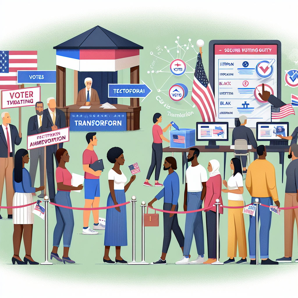 A scene showing a diverse group of people participating in democratic activities, with their ethnicity ranging from Caucasian, Hispanic, Black, Middle-Eastern and South Asian. Elements should include a ballot box, voters standing in line, a polling booth, and signs promoting civic duty and participation in the voting process. Also, depict a portion of the scene transforming, displaying visibly modern technological changes in voting - could be a digital voting machine or secure online voting platform on a computer screen. The overall look should have an optimistic and empowering vibe to illustrate the transformative impacts post election.
