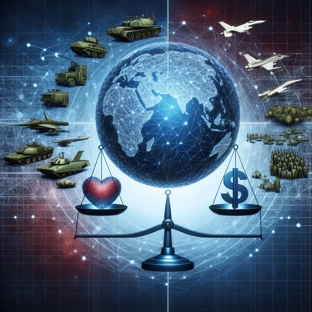 An abstract vision of global security: a sphere representing the globe, overlaid by a web of interconnected lines symbolizing cooperation and mutual support. An array of military symbols like tanks, fighter jets, and naval ships, depicting the idea of military aid. At one side, a stylized scale balances a heart and a dollar sign, representing the delicate balancing act between humanitarian concerns and financial limitations in foreign affairs strategy. Insert a text box with 'Vital Strategies for Global Security' as the subheading.