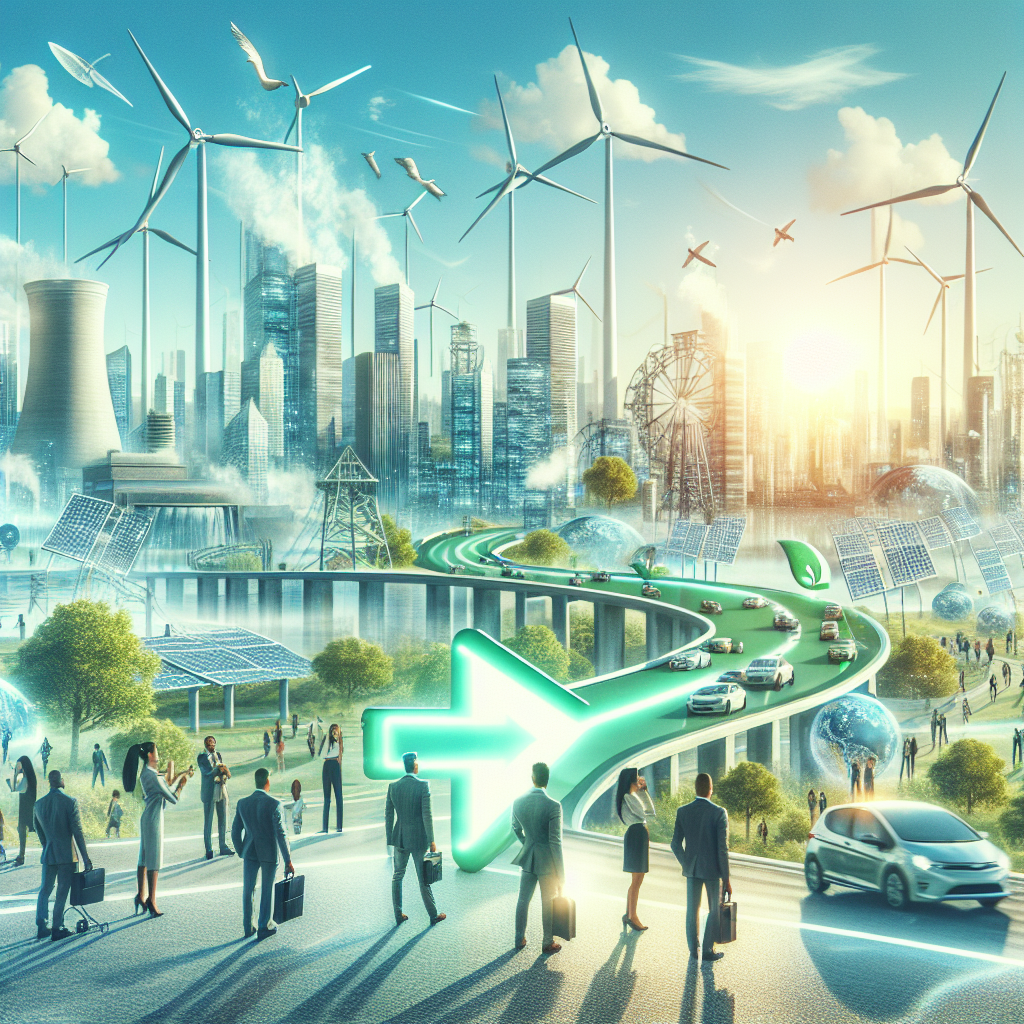 Visualize an environmentally friendly future in a conceptual manner. Illustrate a futuristic city powered purely by clean energy sources, such as wind turbines, solar panels, and hydroelectric dams. Include people from diverse descents and genders interacting with this green infrastructure and benefitting from such investments. Overlay the scene with the image of a positive, forward arrow intuitively representing future climate legislation and its benefits. The scene should bring out an optimistic view of renewable energy potential, legislative support for it and a sustainable future. The skyline should exhibit a clear, pollution-free atmosphere.